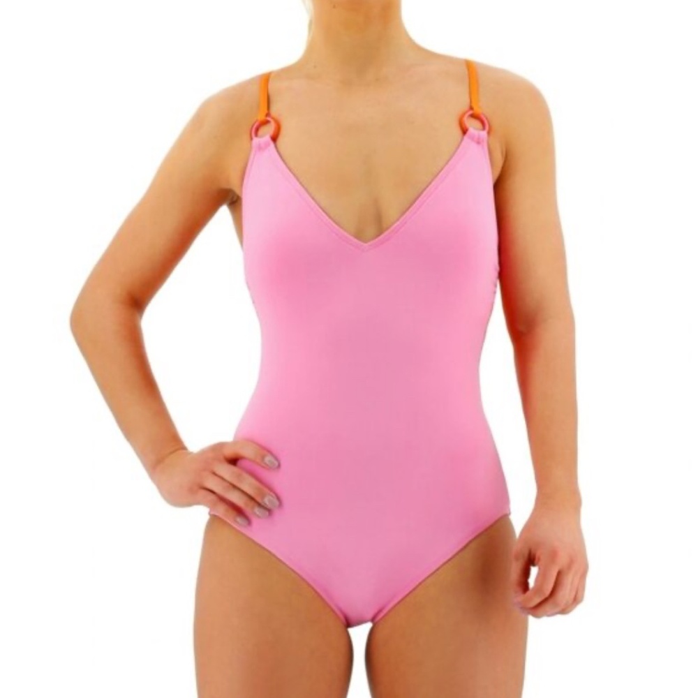New NWT Kate Spade Surf Pink Orange Swimsuit Solid One-Piece Swim Size Large
